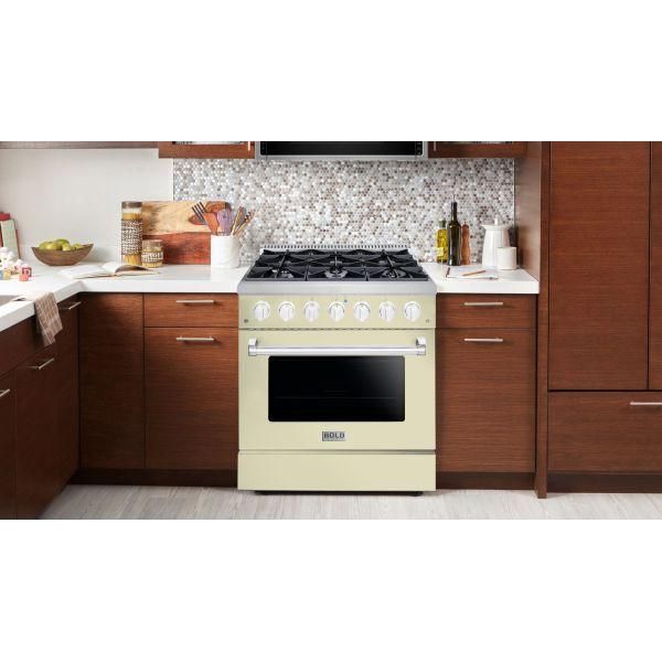 Hallman 36 In. Gas Range, Antique White with Chrome Trim - Bold Series, HBRG36CMAW