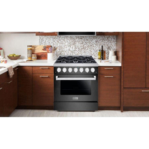 Hallman 36 In. Gas Range, Black Titanium with Chrome Trim - Bold Series, HBRG36CMBT