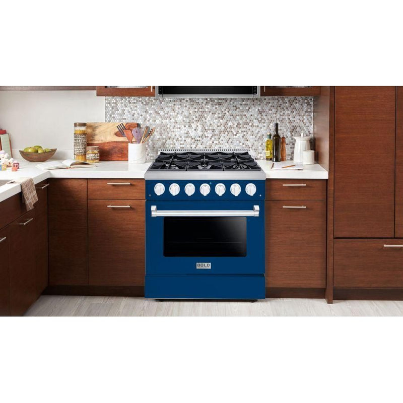 Hallman 36 In. Gas Range, Blue with Chrome Trim - Bold Series, HBRG36CMBU