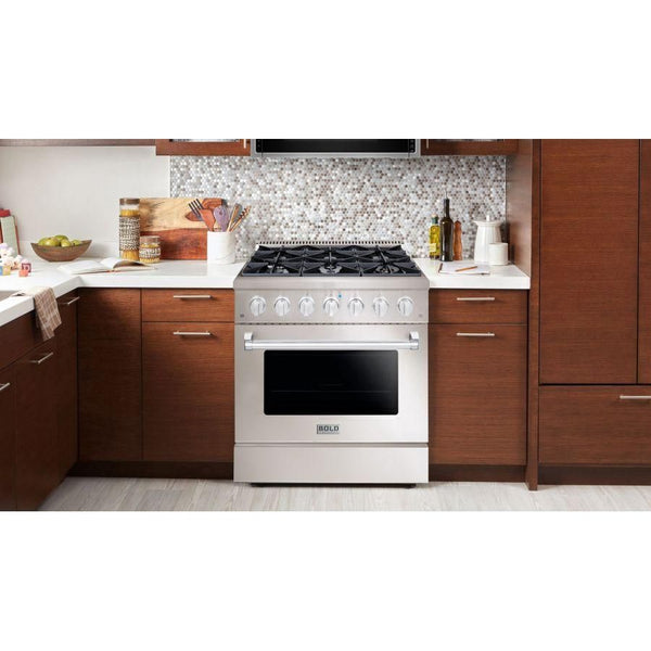 Hallman 36 In. Gas Range, Stainless Steel with Chrome Trim - Bold Series, HBRG36CMSS