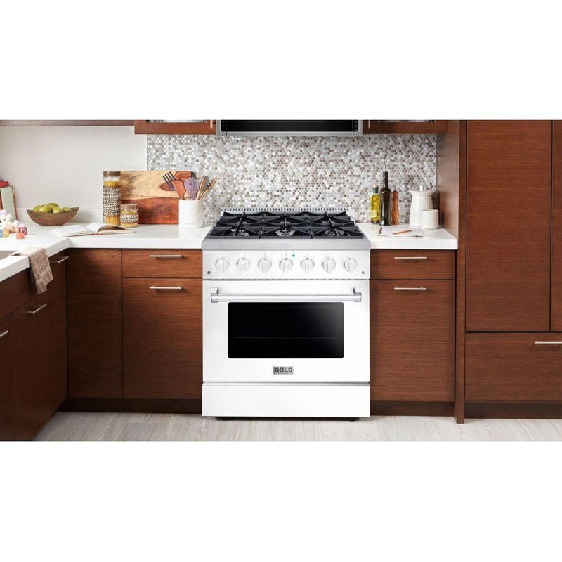 Hallman 36 In. Gas Range, White with Chrome Trim - Bold Series, HBRG36CMWT