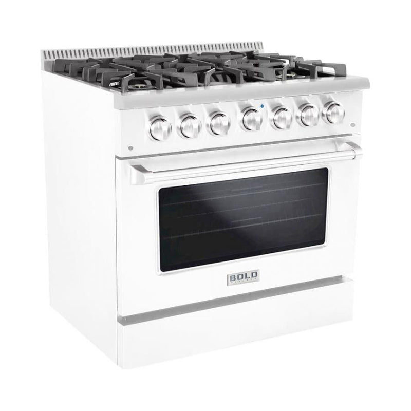 Hallman 36 In. Gas Range, White with Chrome Trim - Bold Series, HBRG36CMWT