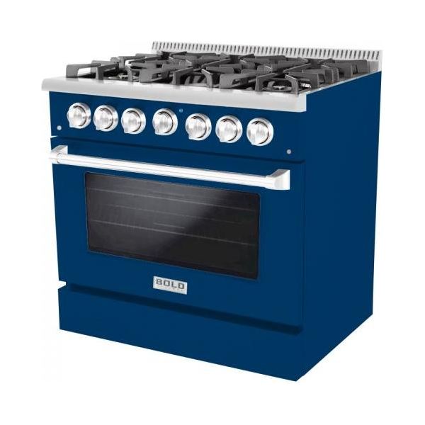 Hallman 36 In. Propane Gas Range, Blue with Chrome Trim - Bold Series, HBRG36CMBU-LP