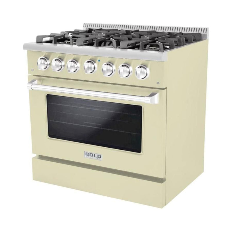 Hallman 36 In. Range with Gas Burners and Electric Oven, Antique White with Chrome Trim - Bold Series, HBRDF36CMAW