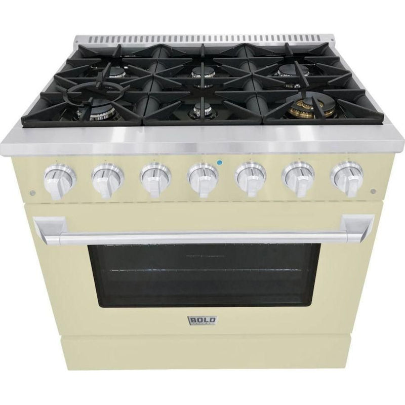 Hallman 36 In. Range with Gas Burners and Electric Oven, Antique White with Chrome Trim - Bold Series, HBRDF36CMAW