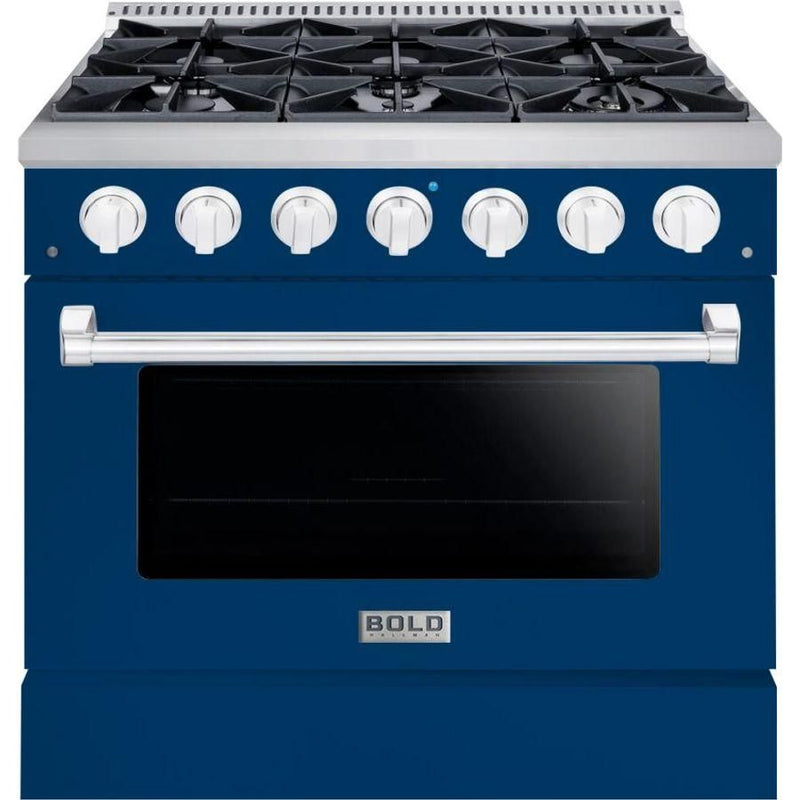 Hallman 36 In. Range with Gas Burners and Electric Oven, Blue with Chrome Trim - Bold Series, HBRDF36CMBU