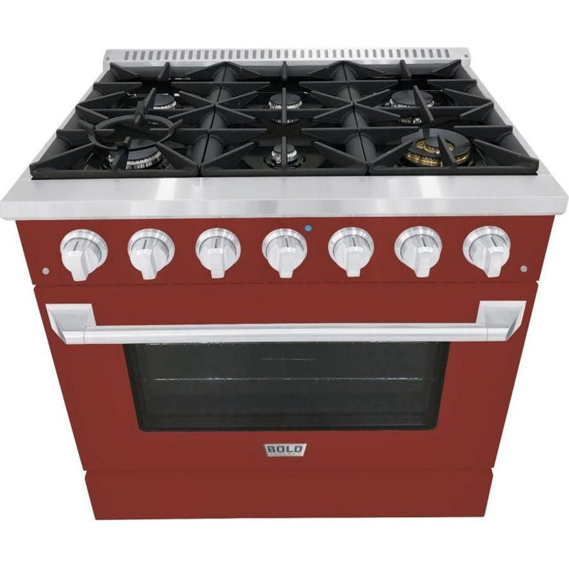 Hallman 36 In. Range with Gas Burners and Electric Oven, Burgundy with Chrome Trim - Bold Series, HBRDF36CMBG