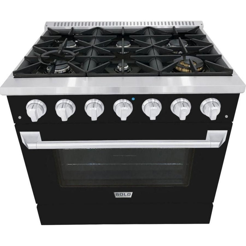 Hallman 36 In. Range with Gas Burners and Electric Oven, Glossy Black with Chrome Trim - Bold Series, HBRDF36CMGB