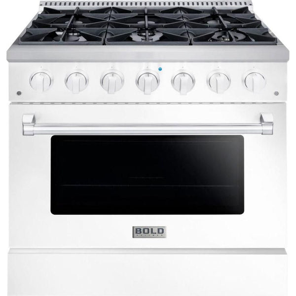 Hallman 36 In. Range with Gas Burners and Electric Oven, White with Chrome Trim - Bold Series, HBRDF36CMWT