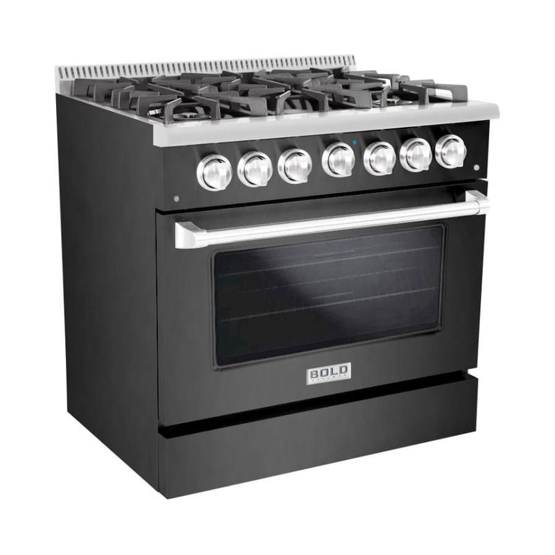 Hallman 36 In. Range with Propane Gas Burners and Electric Oven, Black Titanium with Chrome Trim - Bold Series, HBRDF36CMBT-LP