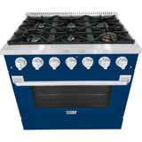 Hallman 36 In. Range with Propane Gas Burners and Electric Oven, Blue with Chrome Trim - Bold Series, HBRDF36CMBU-LP