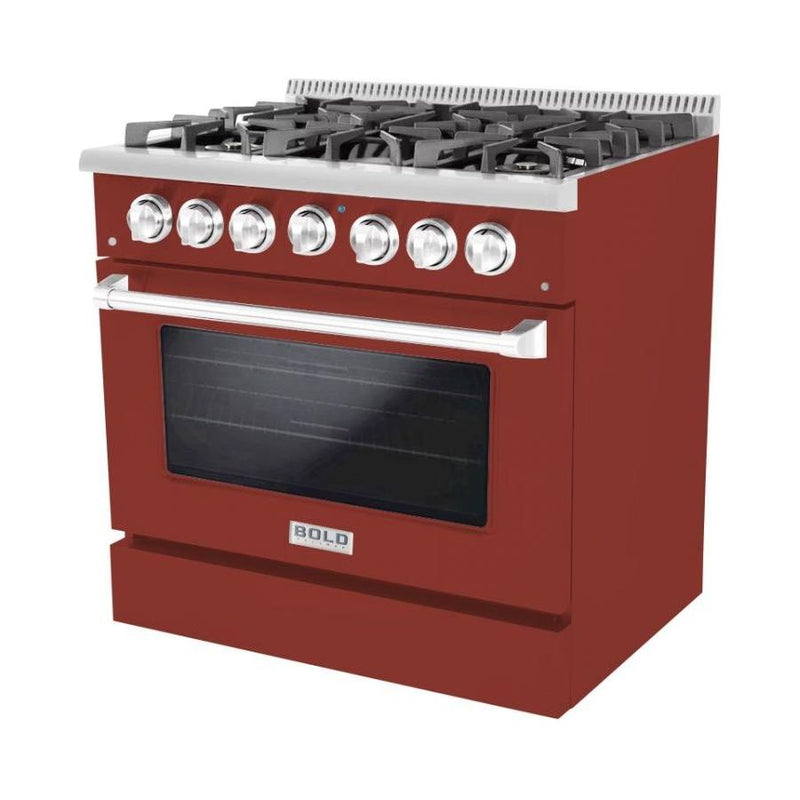 Hallman 36 In. Range with Propane Gas Burners and Electric Oven, Burgundy with Chrome Trim - Bold Series, HBRDF36CMBG-LP