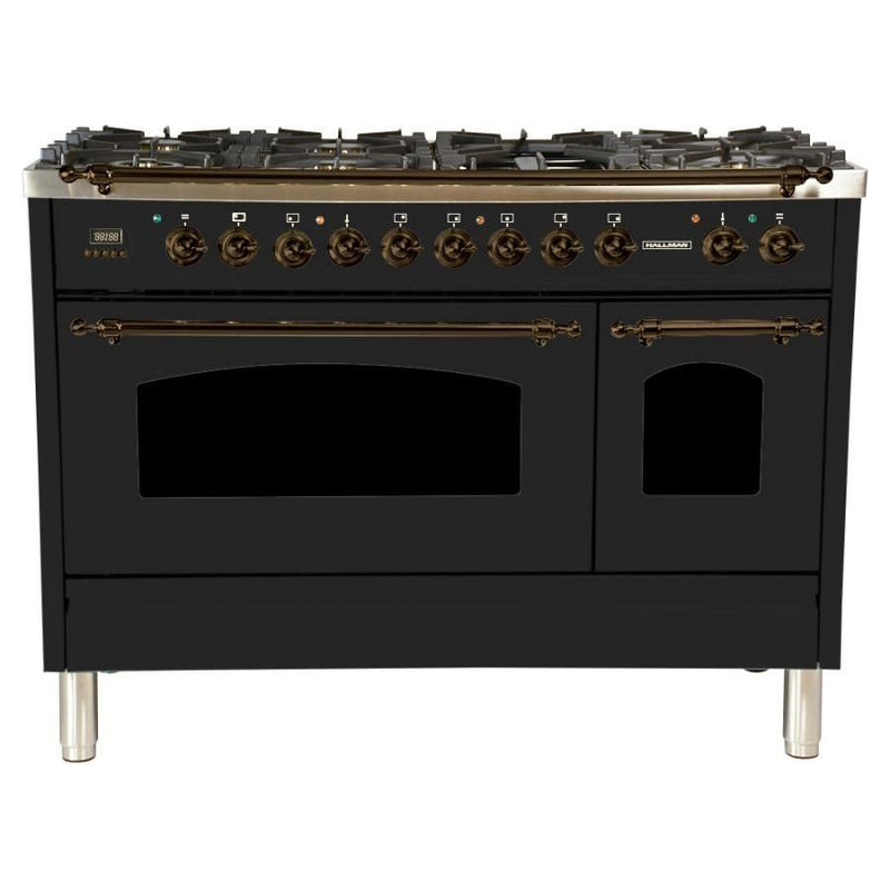 Hallman 48 in. Double Oven Duel Fuel Italian Range, LP Gas, Bronze Trim in Glossy Black, HDFR48BZGBLP