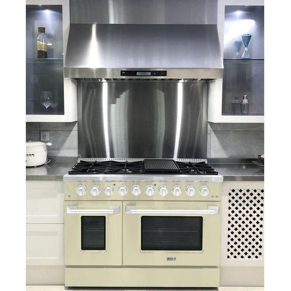 Hallman 48 In. Gas Range, Antique White with Chrome Trim - Bold Series, HBRG48CMAW