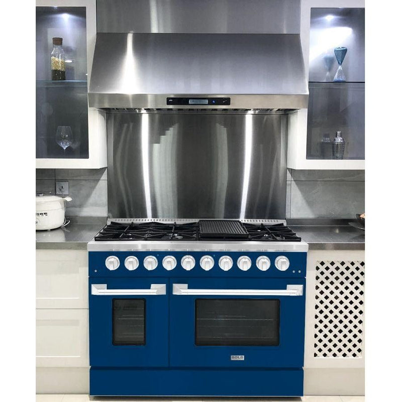 Hallman 48 In. Gas Range, Blue with Chrome Trim - Bold Series, HBRG48CMBU