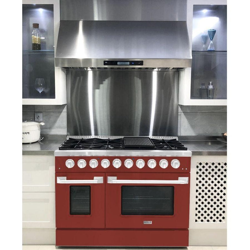 Hallman 48 In. Gas Range, Burgundy with Chrome Trim - Bold Series, HBRG48CMBG