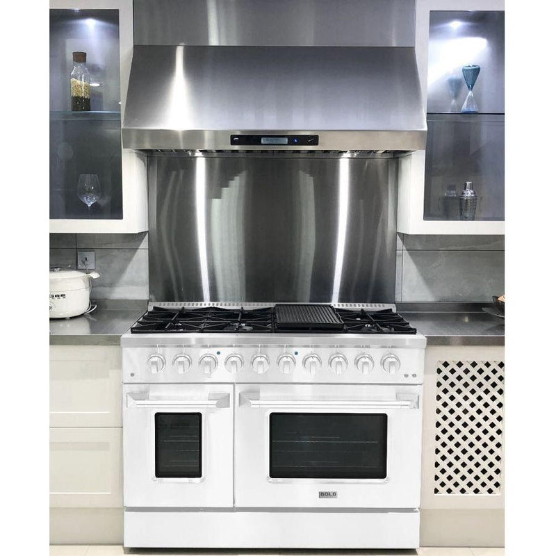 Hallman 48 In. Gas Range, White with Chrome Trim - Bold Series, HBRG48CMWT