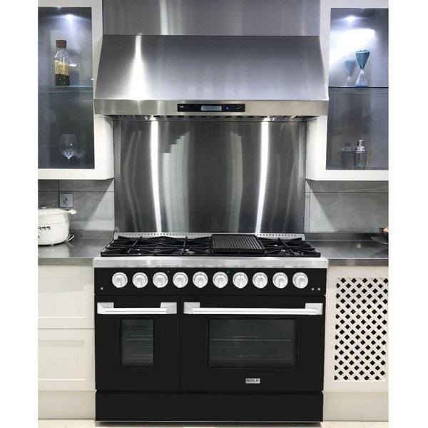 Hallman 48 In. Propane Gas Range, Glossy Black with Chrome Trim - Bold Series, HBRG48CMGB-LP