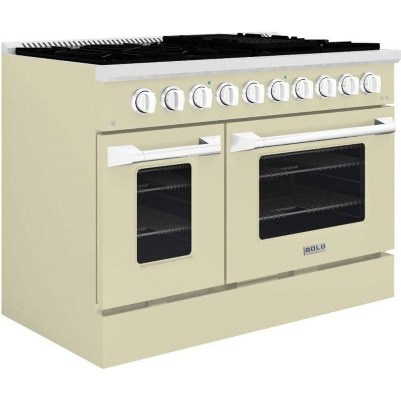 Hallman 48 In. Range with Gas Burners and Electric Oven, Antique White with Chrome Trim - Bold Series, HBRDF48CMAW