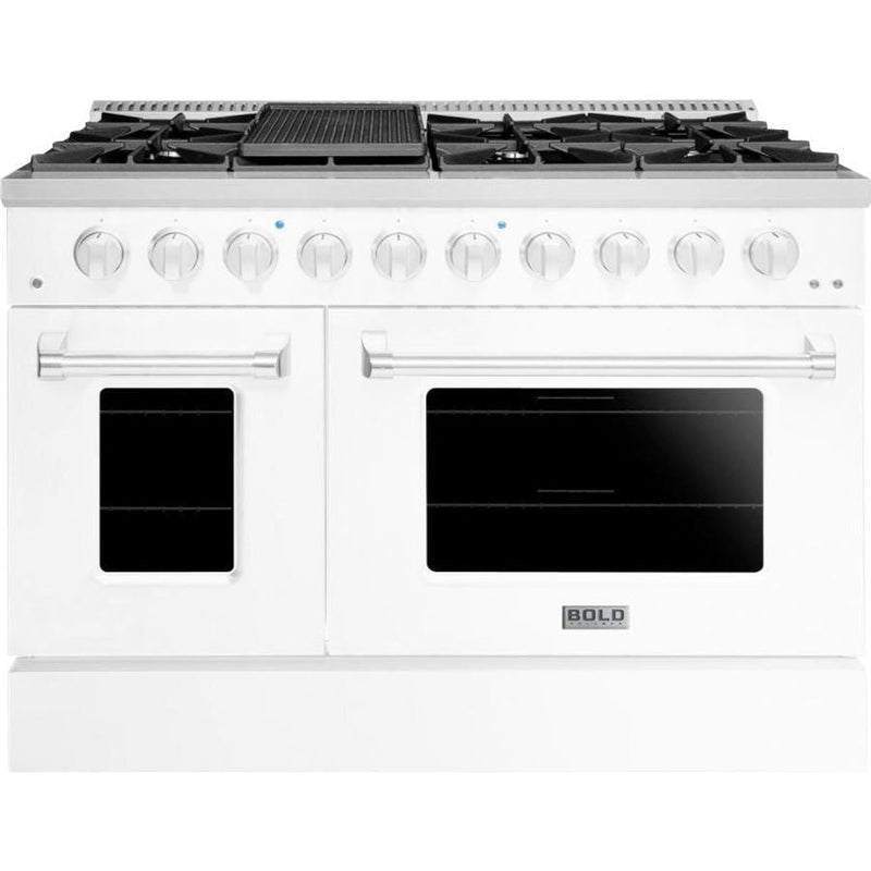 Hallman 48 In. Range with Gas Burners and Electric Oven, White with Chrome Trim - Bold Series, HBRDF48CMWT