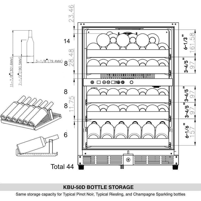 KingsBottle 48 Inch Built-In Glass Door Wine And Beverage Fridge Center With Three Zone Cooling