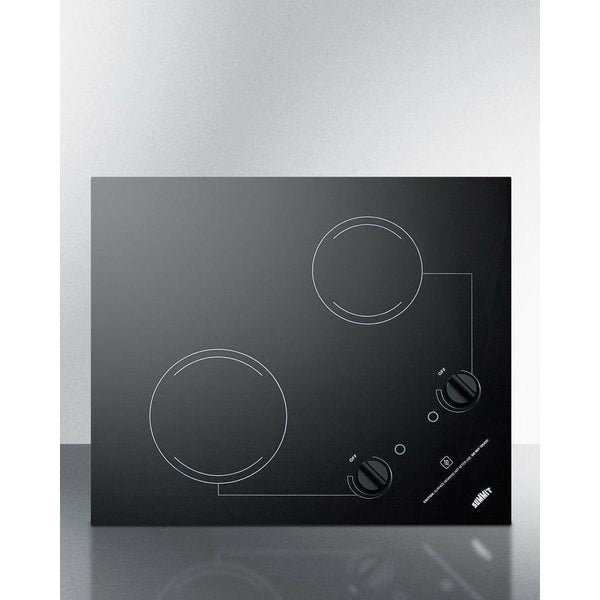 Summit 21 in. Wide 230V 2-Burner Radiant Cooktop with 2 Elements, Hot Surface Indicator, ADA Compliant, ETL Safety Listed, Glass Ceramic Surface, Push-to-Turn Knobs, ETL, Residual Heat Indicator Light in Black - CR2B223G