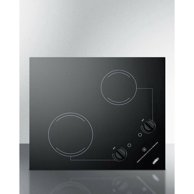 Summit 21 in. Wide 230V 2-Burner Radiant Cooktop with 2 Elements, Hot Surface Indicator, ADA Compliant, ETL Safety Listed, Glass Ceramic Surface, Push-to-Turn Knobs, ETL, Residual Heat Indicator Light in Black - CR2B223G