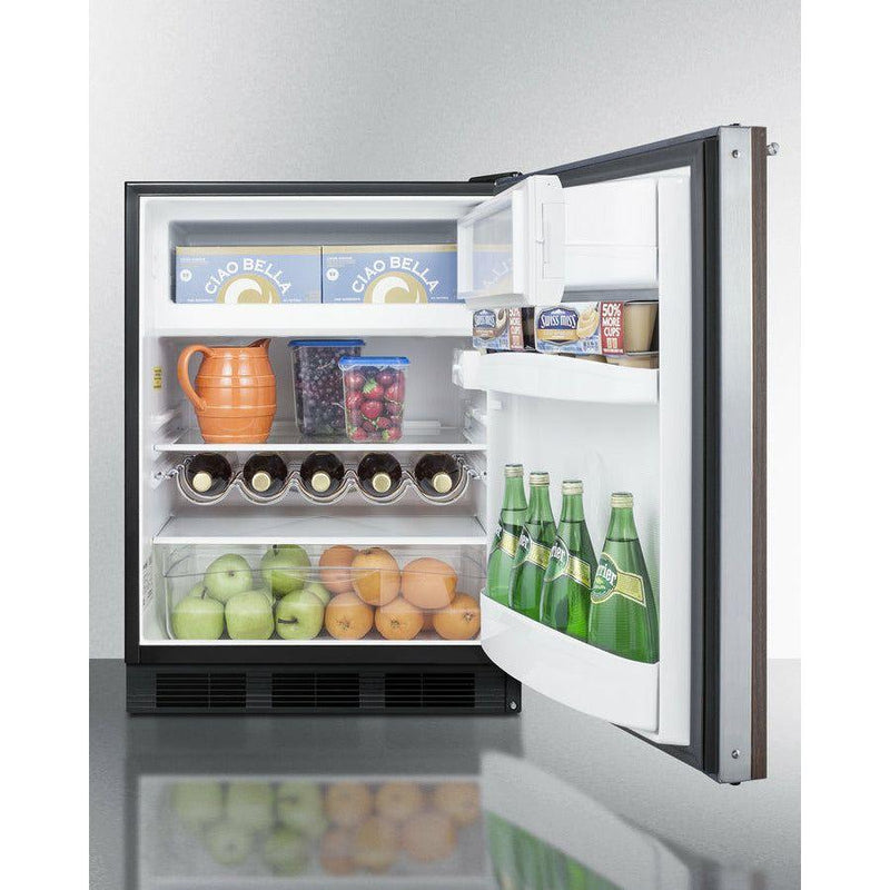 Summit 24 n. Wide Built-In Refrigerator-Freezer with Wood Panel, ADA Compliant with 5.1 cu. ft. Capacity, 2 Glass Shelves, Right Hinge, Crisper Drawer, Cycle Defrost, Adjustable Thermostat, CFC Free, Wine Shelf - CT663BKBIWP1ADA